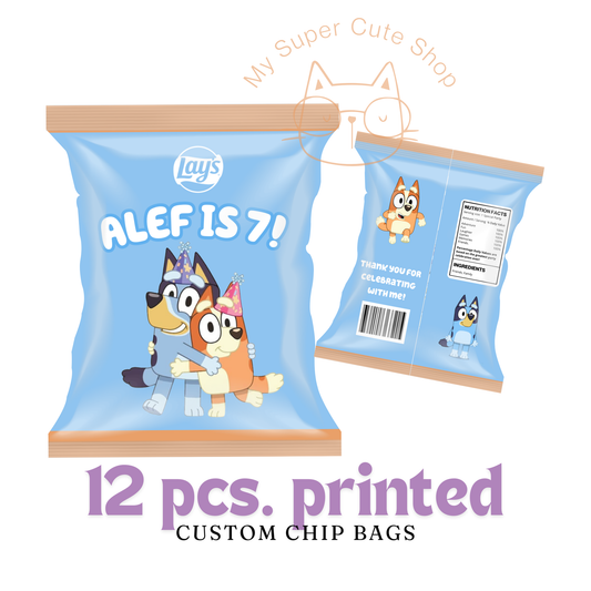 12 pcs. Ready-to-Fill Bluey Custom Chip Bags